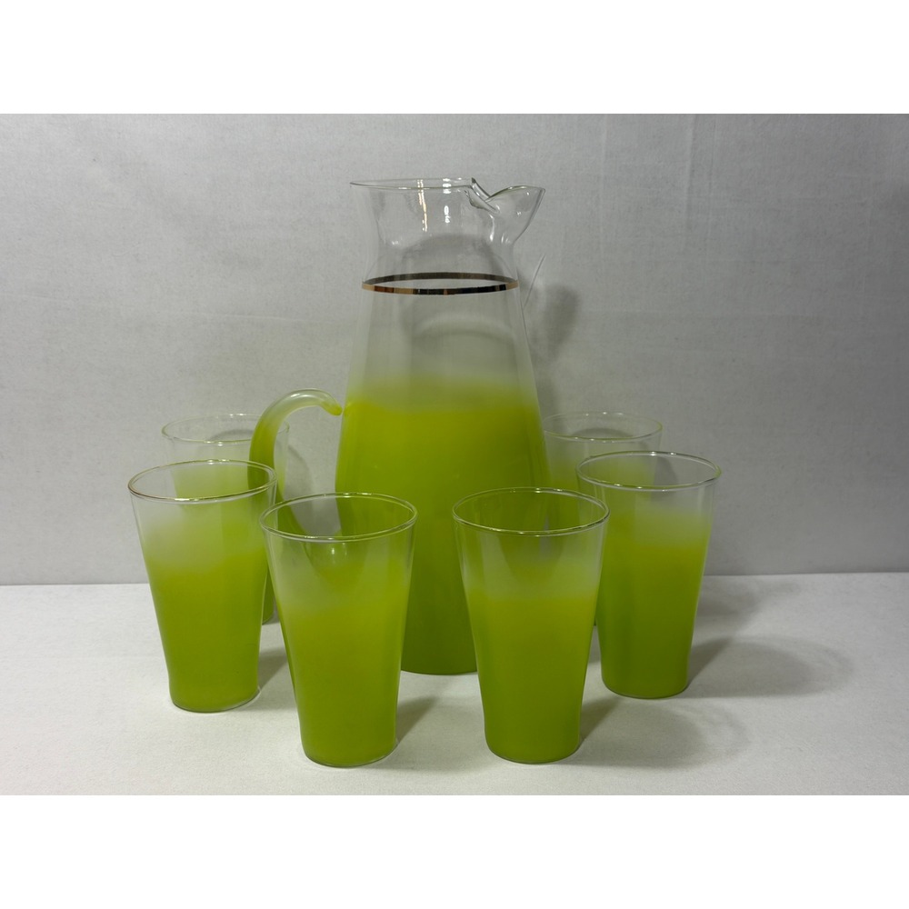 Vintage Blendo Lime Green Frosted Glass Pitcher and 6 Tumblers Gold‎ Rim Set